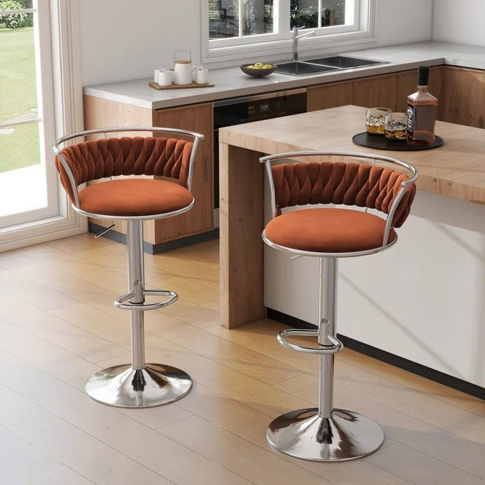 SERENITà Silver Swivel Upholstered Velvet Adjustable Height Counter Stool with Metal Frame Orange (Set of 2) - Amazingooh Wholesale