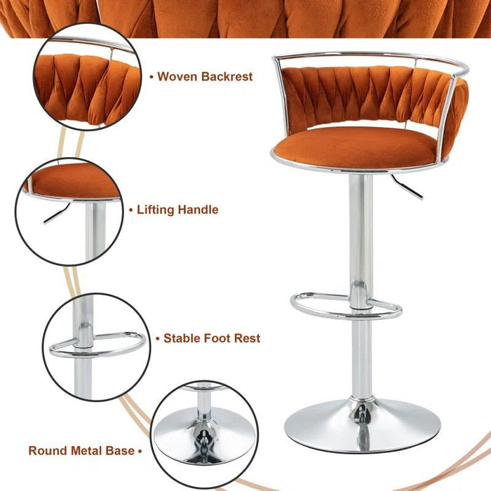 SERENITà Silver Swivel Upholstered Velvet Adjustable Height Counter Stool with Metal Frame Orange (Set of 2) - Amazingooh Wholesale
