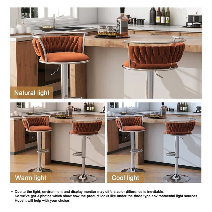 SERENITà Silver Swivel Upholstered Velvet Adjustable Height Counter Stool with Metal Frame Orange (Set of 2) - Amazingooh Wholesale