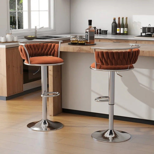 SERENITà Silver Swivel Upholstered Velvet Adjustable Height Counter Stool with Metal Frame Orange (Set of 2) - Amazingooh Wholesale