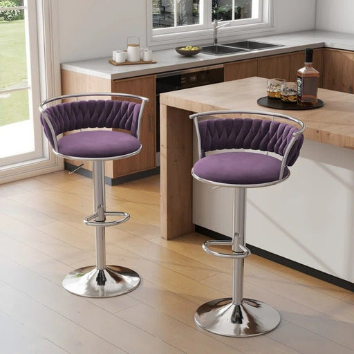 SERENITà Silver Swivel Upholstered Velvet Adjustable Height Counter Stool with Metal Frame Voilet (Set of 2) - Amazingooh Wholesale