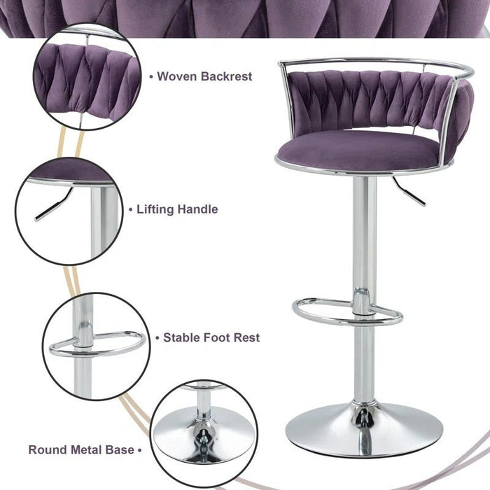 SERENITà Silver Swivel Upholstered Velvet Adjustable Height Counter Stool with Metal Frame Voilet (Set of 2) - Amazingooh Wholesale