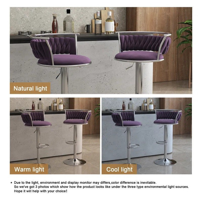 SERENITà Silver Swivel Upholstered Velvet Adjustable Height Counter Stool with Metal Frame Voilet (Set of 2) - Amazingooh Wholesale