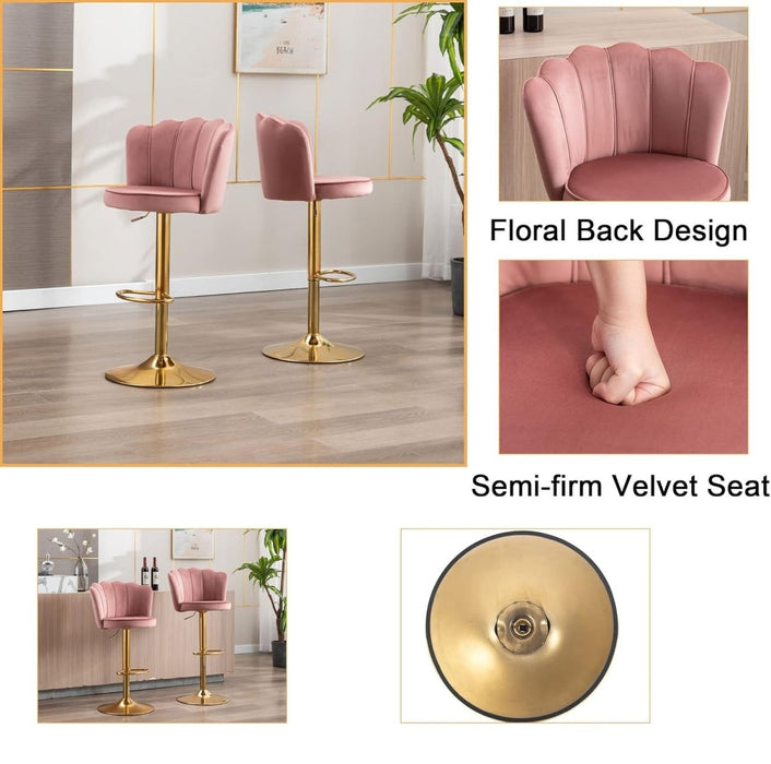SERENITà Swivel Bar Stools Bar Height Set of 2 Adjustable Upholstered Counter Barstool Velvet Bar Chairs with Back/Gold Base for Kitchen Island/Bar/Cafe - Pink - Amazingooh Wholesale