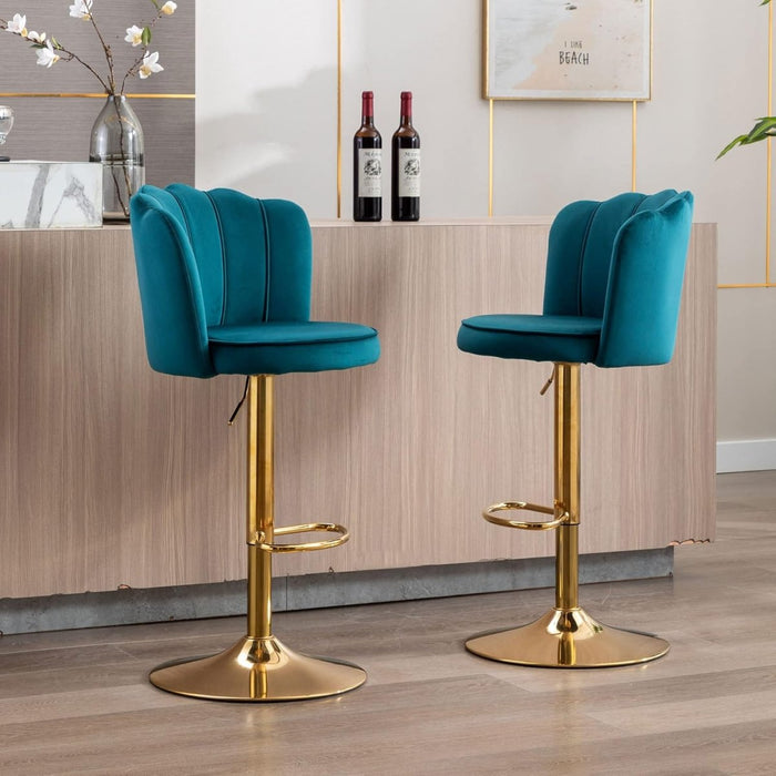 SERENITà Swivel Bar Stools Bar Height Set of 2 Adjustable Upholstered Counter Barstool Velvet Bar Chairs with Back/Gold Base for Kitchen Island/Bar/Cafe - Teal Blue - Amazingooh Wholesale