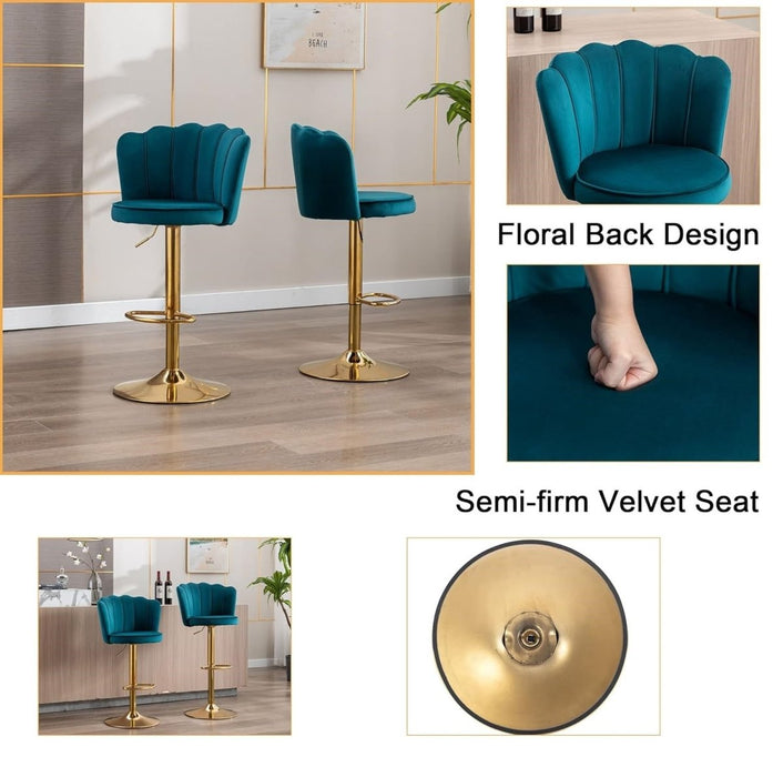 SERENITà Swivel Bar Stools Bar Height Set of 2 Adjustable Upholstered Counter Barstool Velvet Bar Chairs with Back/Gold Base for Kitchen Island/Bar/Cafe - Teal Blue - Amazingooh Wholesale
