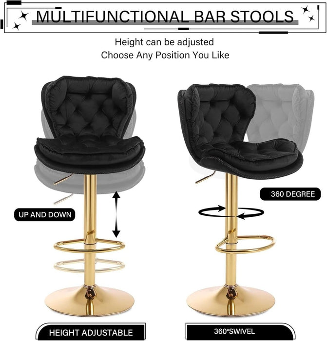 SERENITà Swivel Bar Stools Set of 2 Counter Height Barstools with Back Velvet Upholstered Adjustable Stool Chair Min Century Modern Bar Stool for Kitchen Island (Black) - Amazingooh Wholesale