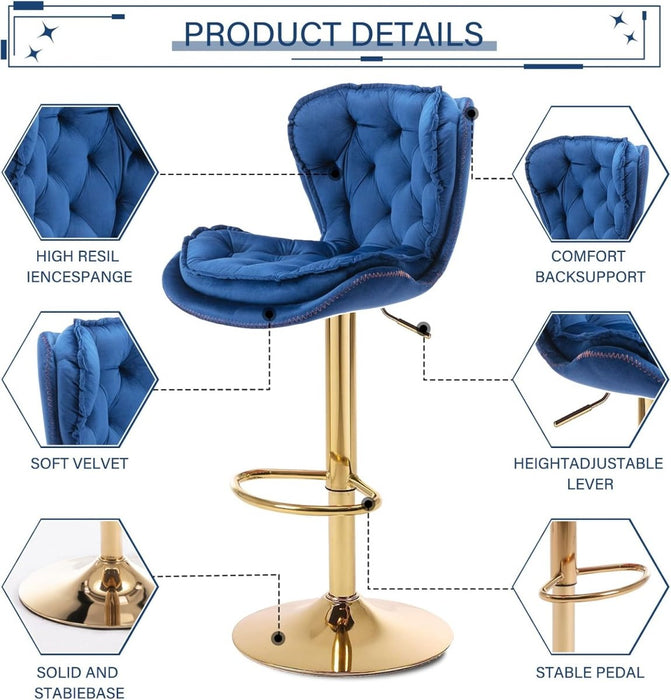 SERENITà Swivel Bar Stools Set of 2 Counter Height Barstools with Back Velvet Upholstered Adjustable Stool Chair Min Century Modern Bar Stool for Kitchen Island (Navy Blue) - Amazingooh Wholesale
