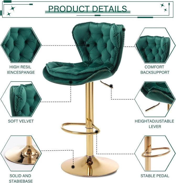 SERENITà Swivel Bar Stools Set of 2 Counter Height Barstools with Back Velvet Upholstered Adjustable Stool Chair Min Century Modern Bar Stool for Kitchen Island (Emerald Green) - Amazingooh Wholesale