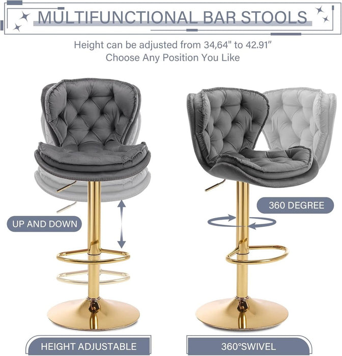 SERENITà Swivel Bar Stools Set of 2 Counter Height Barstools with Back Velvet Upholstered Adjustable Stool Chair Min Century Modern Bar Stool for Kitchen Island (Grey) - Amazingooh Wholesale
