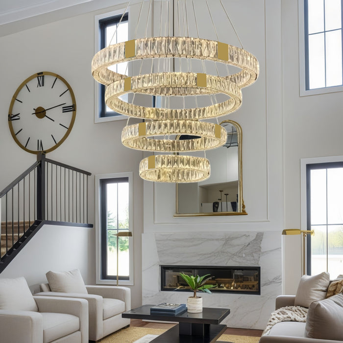 BAMDECOR C3320 Modern Crystal Chandeliers Lighting Fixtures Contemporary Round Chandelier Lighting Fixtures Crystal Pendant Ceiling Lights(4 Rings Gold-100+80+60+40cm)