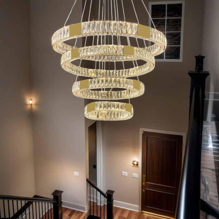 BAMDECOR C3320 Modern Crystal Chandeliers Lighting Fixtures Contemporary Round Chandelier Lighting Fixtures Crystal Pendant Ceiling Lights(4 Rings Gold-100+80+60+40cm)