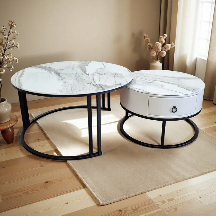 Snowy Mountain Faux Modern Marble Slate Nesting Coffee Table Set Leather Wrapped Wood Drawers - Amazingooh Wholesale