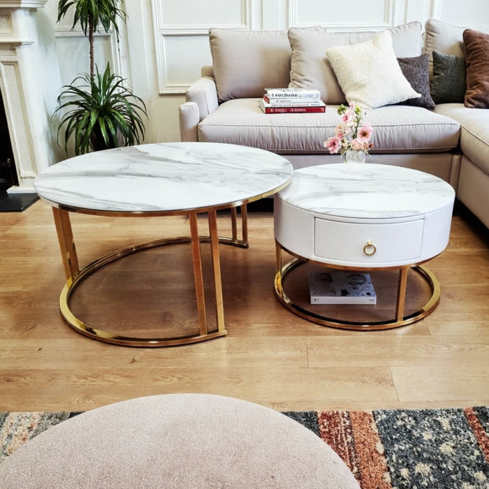 Snowy Mountain Faux Modern Marble Slate Nesting Coffee Table Set Leather Wrapped Wood Drawers - Amazingooh Wholesale