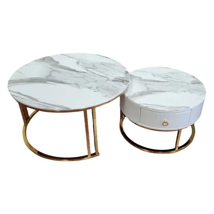 Snowy Mountain Faux Modern Marble Slate Nesting Coffee Table Set Leather Wrapped Wood Drawers - Amazingooh Wholesale