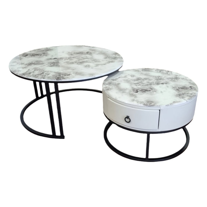 Snowy Mountain Faux Modern Marble Slate Nesting Coffee Table Set Leather Wrapped Wood Drawers - Amazingooh Wholesale