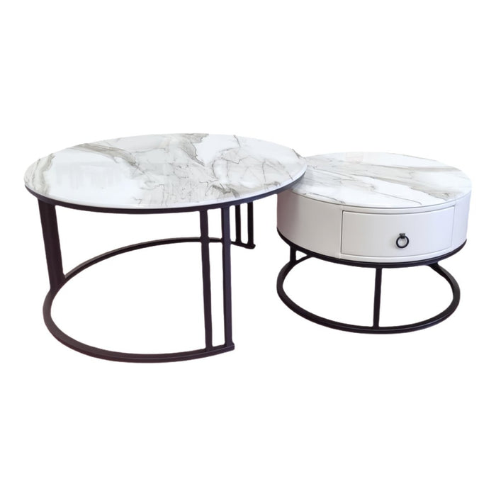 Snowy Mountain Faux Modern Marble Slate Nesting Coffee Table Set Leather Wrapped Wood Drawers - Amazingooh Wholesale