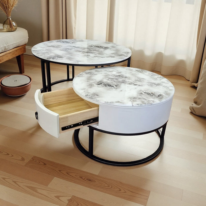 Velluto Volakas White Top Modern Marble Slate Nesting Coffee Table Set Leather Wrapped Wood Drawers (Black Frame)