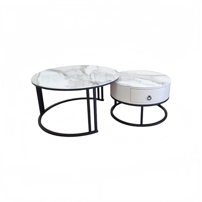 Velluto Calacatta White Top Modern Marble Slate Nesting Coffee Table Set Leather Wrapped Wood Drawers (Black Frame) - Amazingooh Wholesale