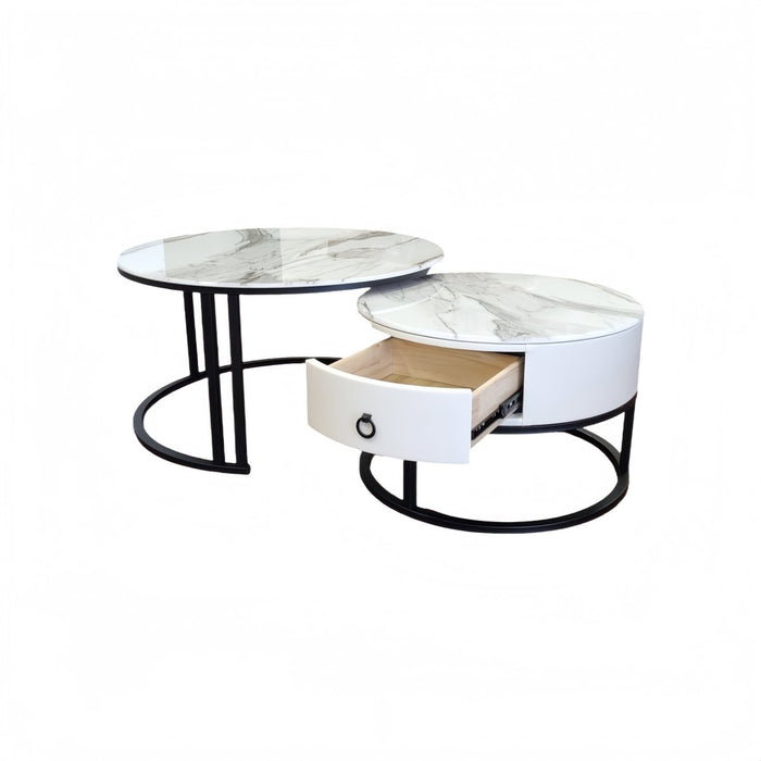 Velluto Calacatta White Top Modern Marble Slate Nesting Coffee Table Set Leather Wrapped Wood Drawers (Black Frame) - Amazingooh Wholesale