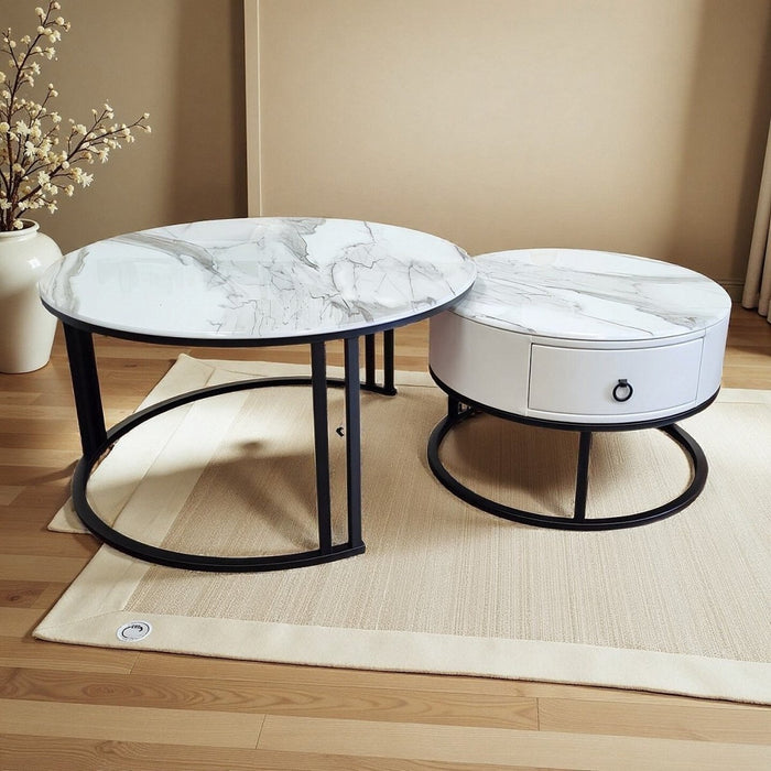 Velluto Calacatta White Top Modern Marble Slate Nesting Coffee Table Set Leather Wrapped Wood Drawers (Black Frame) - Amazingooh Wholesale