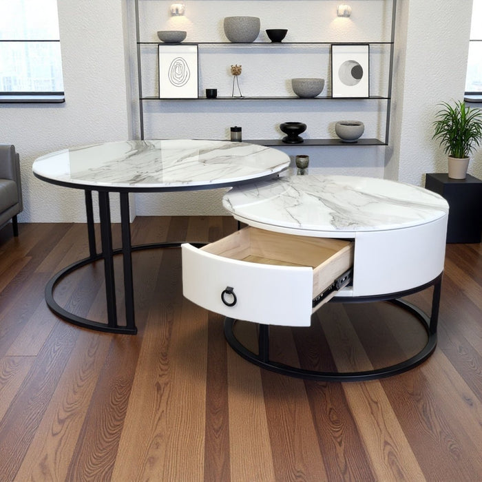 Velluto Calacatta White Top Modern Marble Slate Nesting Coffee Table Set Leather Wrapped Wood Drawers (Black Frame) - Amazingooh Wholesale