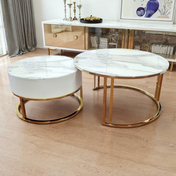 Velluto Calacatta White Top Modern Marble Slate Nesting Coffee Table Set Leather Wrapped Wood Drawers (Gold Frame) - Amazingooh Wholesale