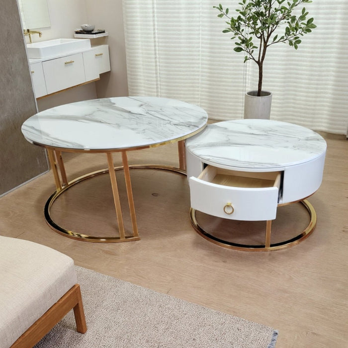 Velluto Calacatta White Top Modern Marble Slate Nesting Coffee Table Set Leather Wrapped Wood Drawers (Gold Frame) - Amazingooh Wholesale
