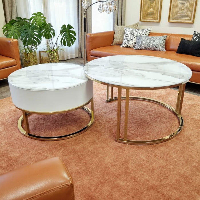 Velluto Calacatta White Top Modern Marble Slate Nesting Coffee Table Set Leather Wrapped Wood Drawers (Gold Frame) - Amazingooh Wholesale