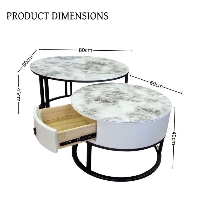Velluto Calacatta White Top Modern Marble Slate Nesting Coffee Table Set Leather Wrapped Wood Drawers (Gold Frame) - Amazingooh Wholesale