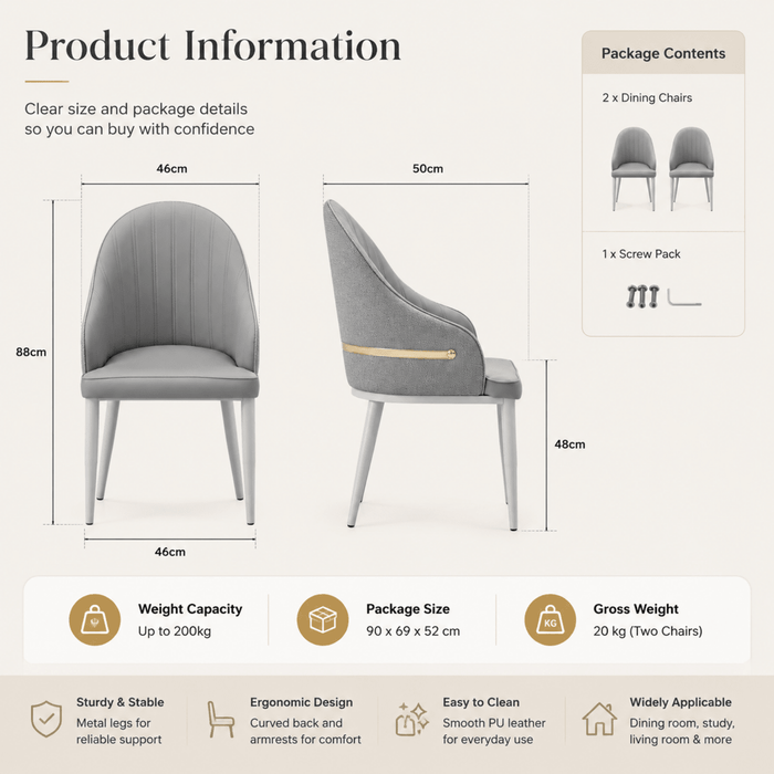 VELLUTO Dining Chairs Set Armchairs Mid Century Modern Kitchen Dining Room Chairs Faux Leather Accent Chairs Metal Vanity Lounge Chair with Back for Living Room Bedrooms Set of 2 - Amazingooh Wholesale