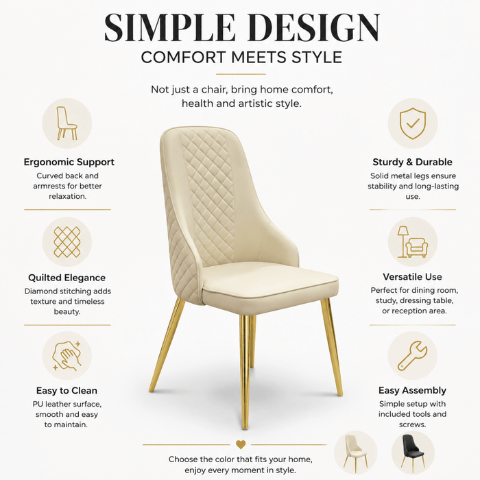 VELLUTO Golden Frame Mid Century Modern Dining Chair Faux Leather Side Chair Upholstered Dining Chairs Set of 2 (Black/Ivory) - Amazingooh Wholesale