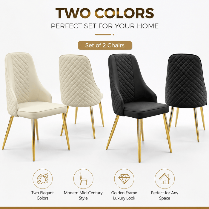 VELLUTO Golden Frame Mid Century Modern Dining Chair Faux Leather Side Chair Upholstered Dining Chairs Set of 2 (Black/Ivory) - Amazingooh Wholesale