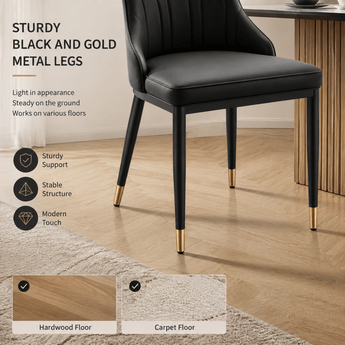 VELLUTO Mid Century Luxury Modern Dining Chair Faux Leather Set of 2 (Black) - Amazingooh Wholesale