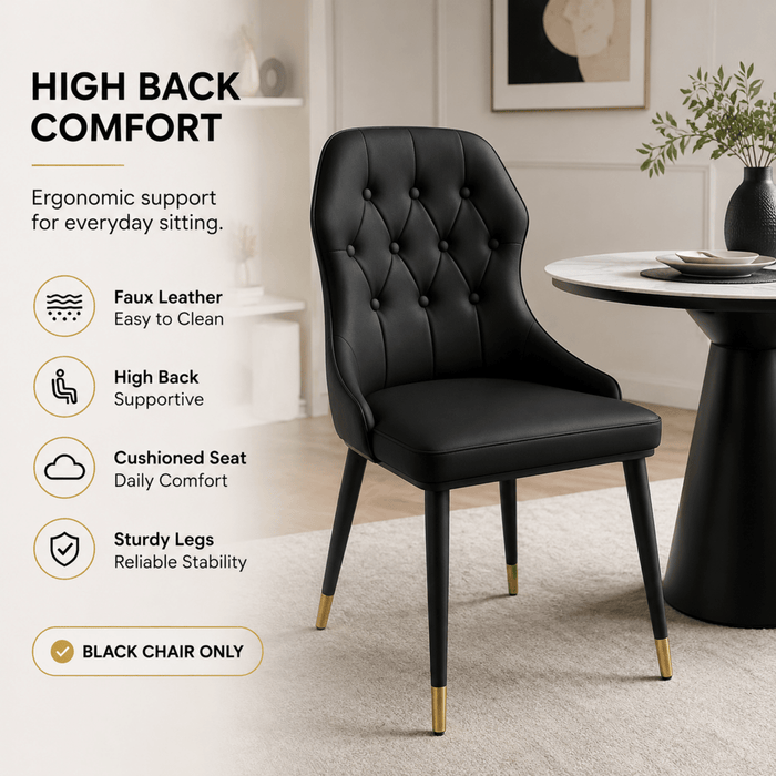 VELLUTO Mid Century Luxury Modern Dining Chair Faux Leather Set of 2 (Black) - Amazingooh Wholesale