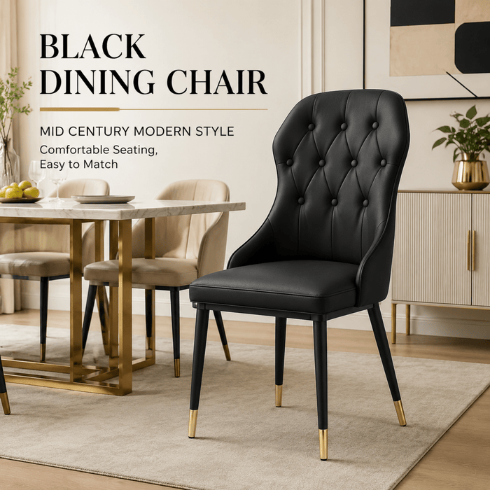 VELLUTO Mid Century Luxury Modern Dining Chair Faux Leather Set of 2 (Black) - Amazingooh Wholesale