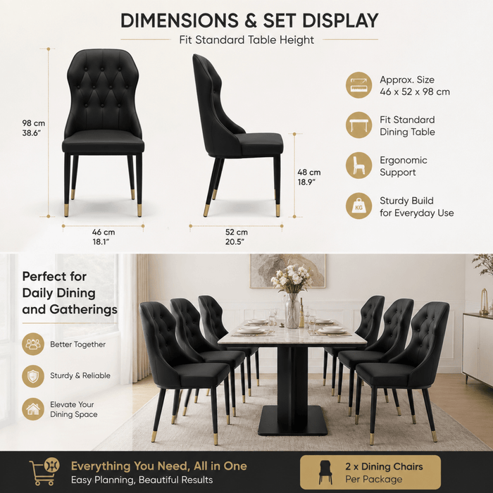 VELLUTO Mid Century Luxury Modern Dining Chair Faux Leather Set of 2 (Black) - Amazingooh Wholesale