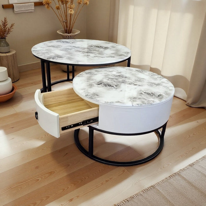 Velluto Volakas White Top Modern Marble Slate Nesting Coffee Table Set Leather Wrapped Wood Drawers (Black Frame) - Amazingooh Wholesale
