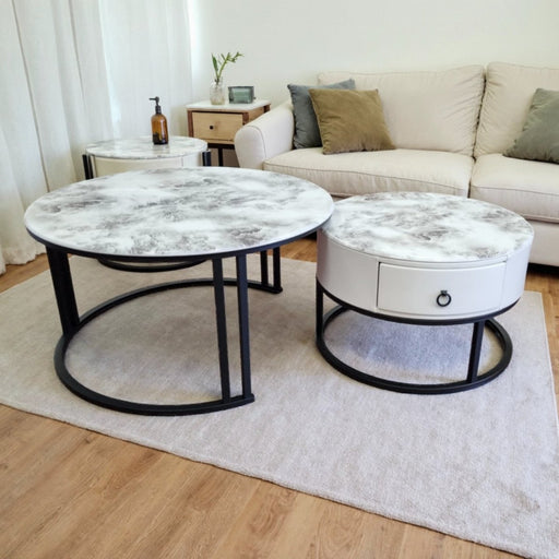 Velluto Volakas White Top Modern Marble Slate Nesting Coffee Table Set Leather Wrapped Wood Drawers (Black Frame) - Amazingooh Wholesale