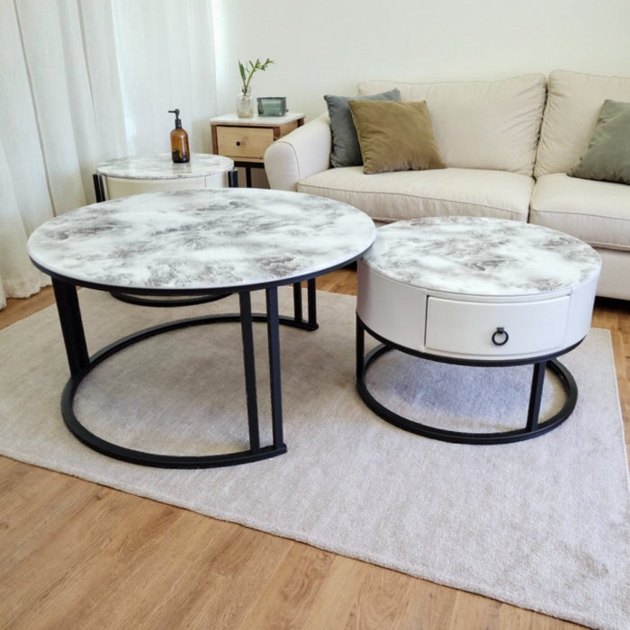 Velluto Volakas White Top Modern Marble Slate Nesting Coffee Table Set Leather Wrapped Wood Drawers (Black Frame) - Amazingooh Wholesale