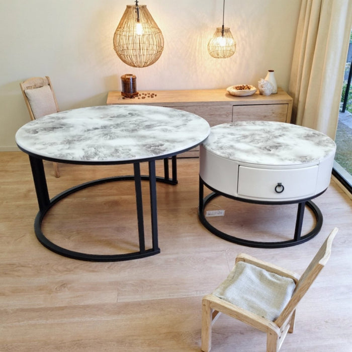 Velluto Volakas White Top Modern Marble Slate Nesting Coffee Table Set Leather Wrapped Wood Drawers (Black Frame) - Amazingooh Wholesale