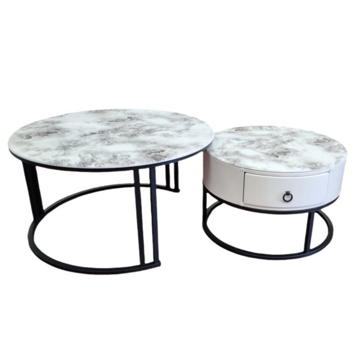 Velluto Volakas White Top Modern Marble Slate Nesting Coffee Table Set Leather Wrapped Wood Drawers (Black Frame) - Amazingooh Wholesale