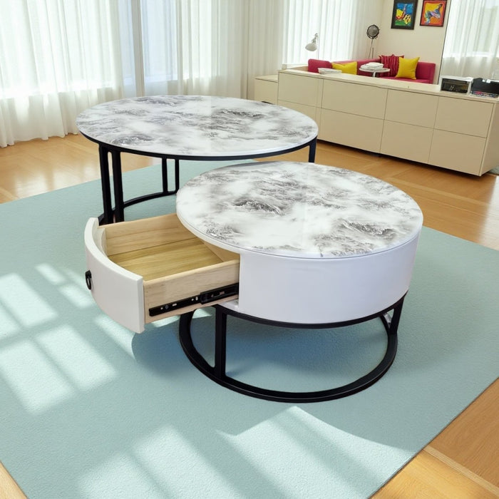 Velluto Volakas White Top Modern Marble Slate Nesting Coffee Table Set Leather Wrapped Wood Drawers (Black Frame) - Amazingooh Wholesale