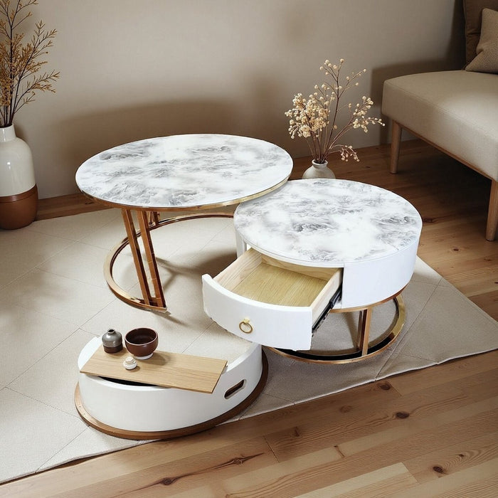 Velluto Volakas White Top Modern Marble Slate Nesting Coffee Table Set Leather Wrapped Wood Drawers (Gold Frame) - Amazingooh Wholesale