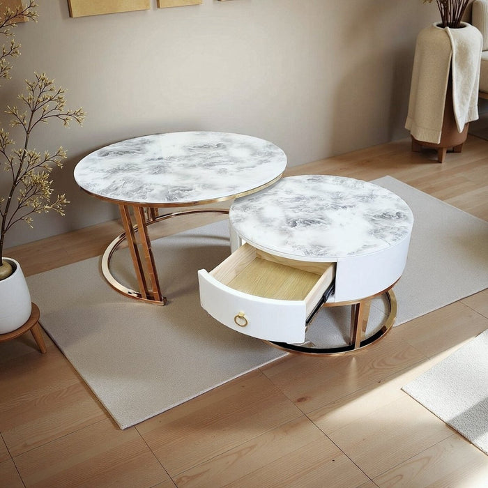 Velluto Volakas White Top Modern Marble Slate Nesting Coffee Table Set Leather Wrapped Wood Drawers (Gold Frame) - Amazingooh Wholesale