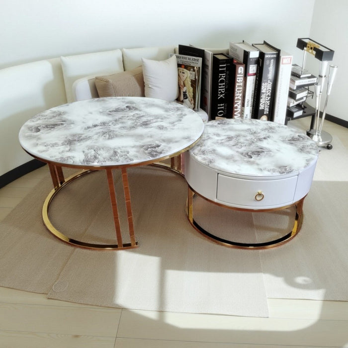 Velluto Volakas White Top Modern Marble Slate Nesting Coffee Table Set Leather Wrapped Wood Drawers (Gold Frame) - Amazingooh Wholesale