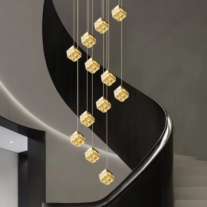 BAMDECOR LT02 12 Hanging Crystal Cube Chandelier LED Chandelier for Dining Room, Luxury Dimmable Enterway Led Pendant Lights Fixture (Gold)
