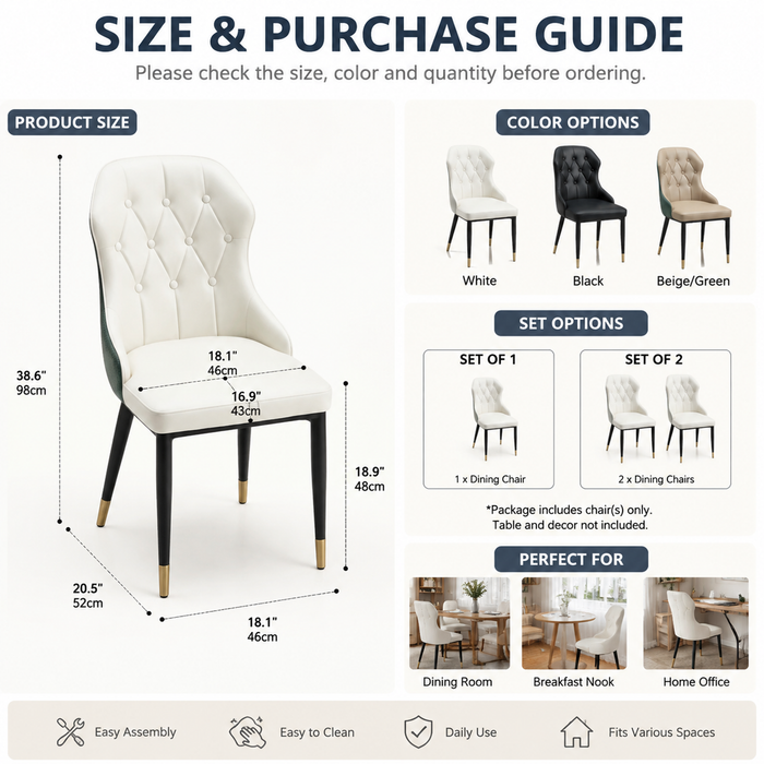 VELLUTO Mid Century Luxury Modern Dining Chair Faux Leather Set of 2 (White)
