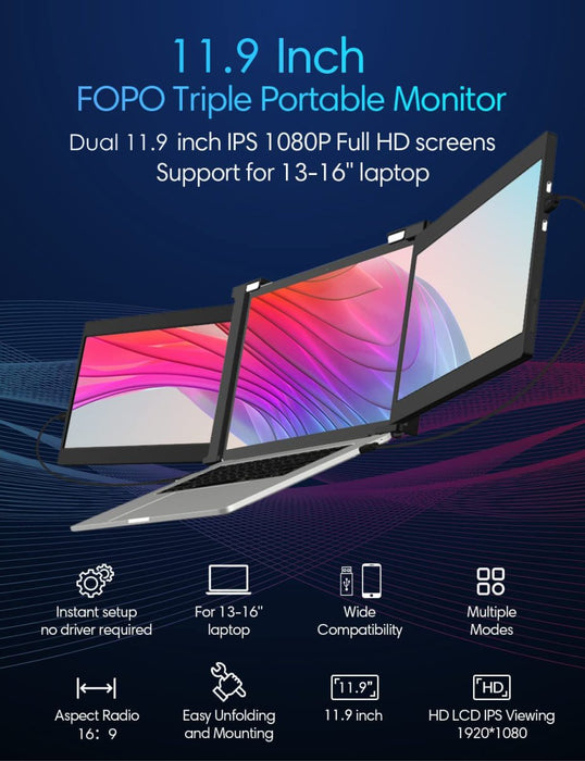 11.9 Inch Triple Portable Monitor 2022 FOPO 1080P FHD IPS Attachable Triple Monitor Extender, Triple Screen for Laptop of 13"-16" Compatible with Windows/Mac/Switch/Xbox Connect with USB-C/HDMI - amazingooh