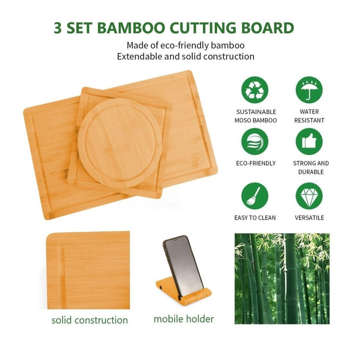 3 Pieces Bamboo Cutting Board with Juice Groove and Mobile Holder included for Home Kitchen - Amazingooh Wholesale